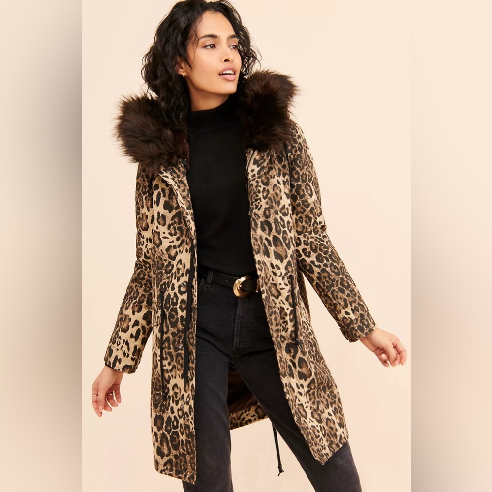 Avec Les Filles Leopard Print Jacket Parka with Faux Fur Trim Size XS NWOT